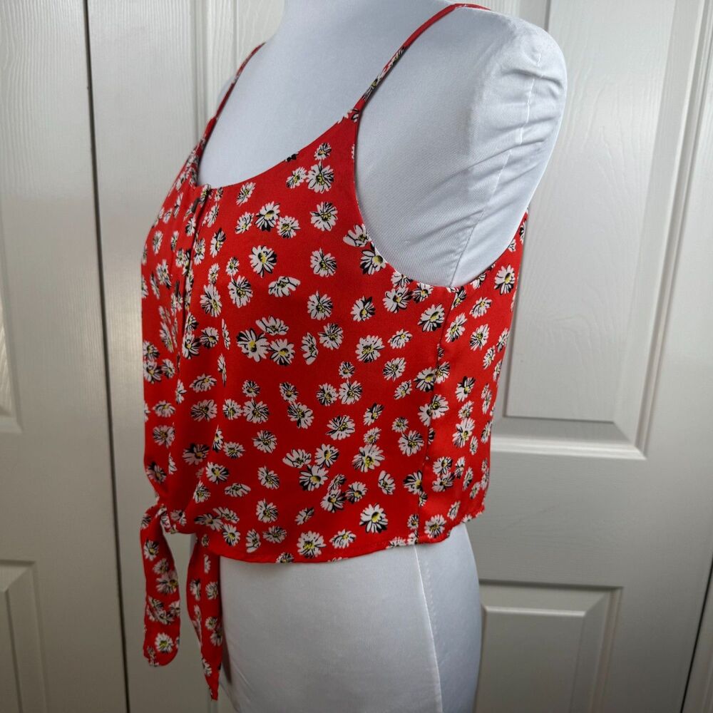Papermoon Women Top Sz S Red Flower Print Buttons Round Neck Straps Front Tie - Picture 4 of 9
